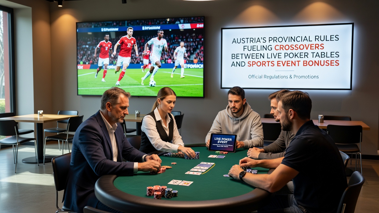 Mobile screen mockup displaying live poker table alongside sports event bonus activation in an Austrian app