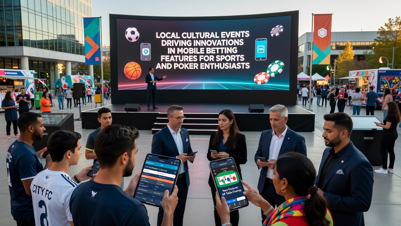 Poker enthusiasts using mobile devices at an outdoor cultural festival with tents, music, and event signage visible